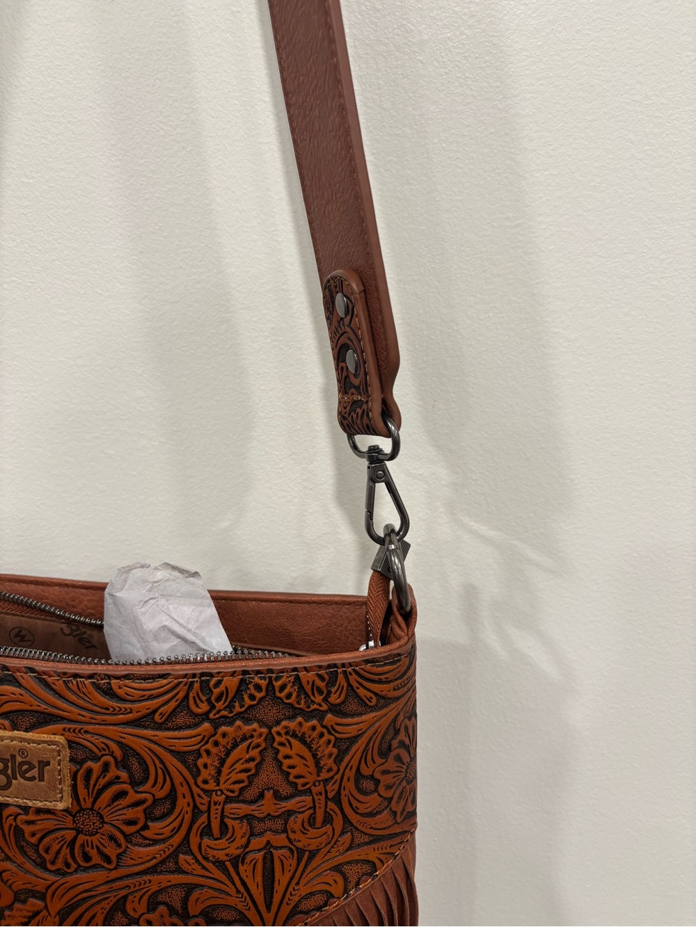 Wrangler Brown Leather Tooled Floral Fringe Crossbody - Picture 4 of 16